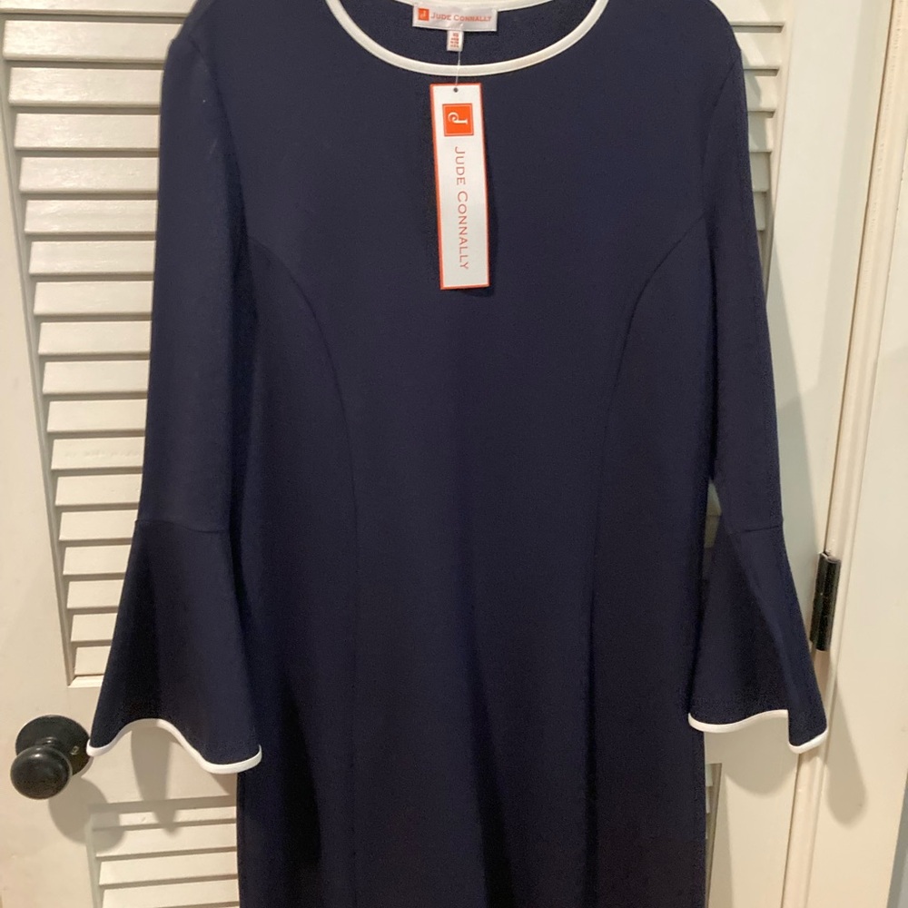 Jude Connally Blue Sheath Dress with Bell Sleeves